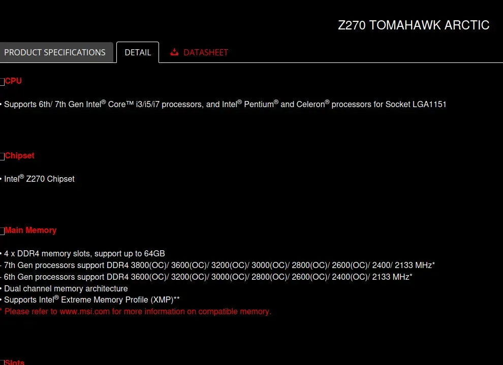 Screenshot for the page for MSI Z270 TOMAHAWK ARCTIC, detailing the specific features of this motherboard  The relevant part is the section for "Main memory" which lists  4 x DDR4 memory slots, support up to 64GB