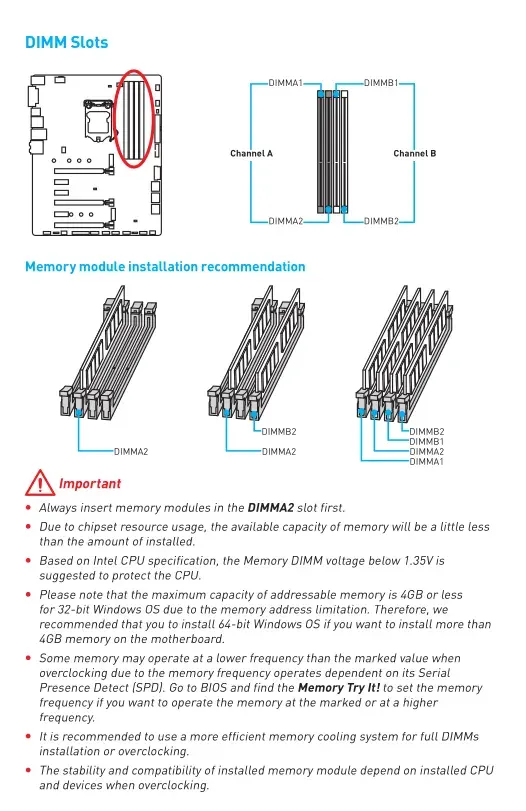Screenshot of the manual for MSI Z270 TOMAHAWK ARCTIC  Presented is the layout of the motherboard, where from the left of the CPU, the slots are laid out from left to right in the following layout: DIMMA1, DIMMA2, DIMMB1, DIMMB2  It further recommends - for one stick configurations, to install it in DIMMA2 slot - for two stick configurations, to install it in DIMMA2 and DIMMB2 slots