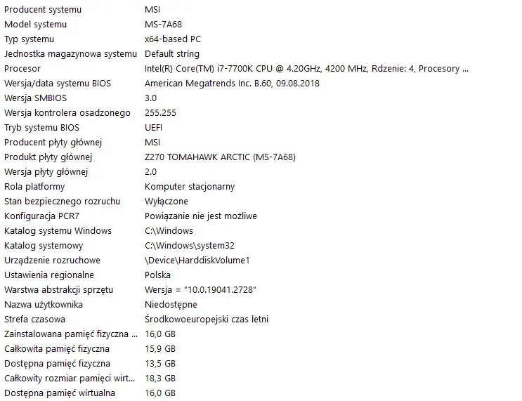 A crop of the screenshot of the System Information tool (in Polish)  It lists the CPU as Intel Core i7 7700K @ 4.20GHz  It lists the motherboard as MSI Z270 TOMAHAWK ARCTIC (MS-7A68)