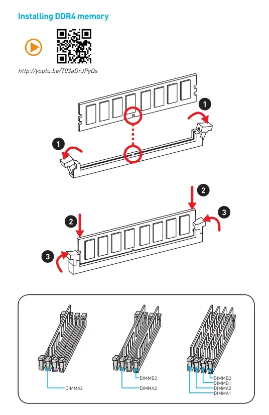 Screenshot of the manual for MSI Z270 TOMAHAWK ARCTIC  Presented is the procedure on how to install another RAM stick, and also recommended slots to install.  
